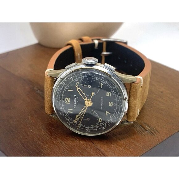 Felder Delbana Men's Watch Vintage Swiss Manual Wind WWII Chronograph Black Dial - Picture 9 of 15